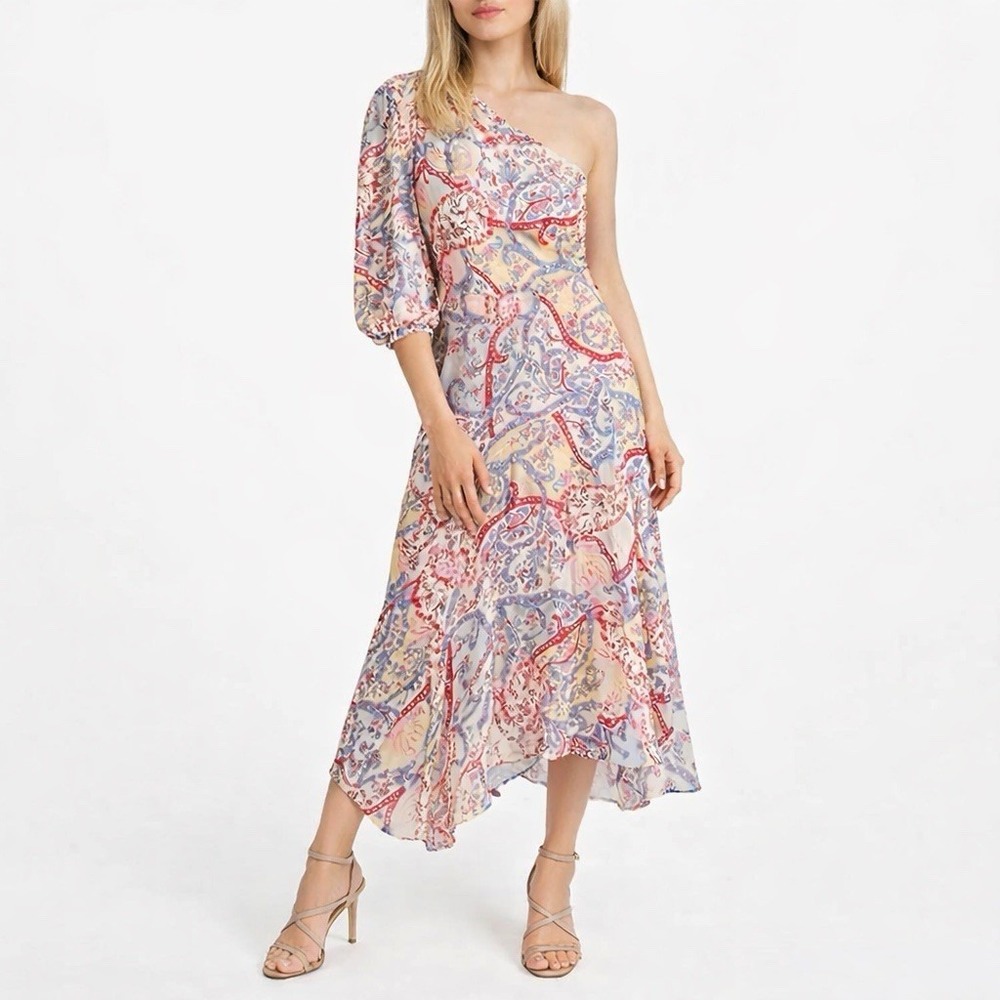 Veronica Beard Kimber Silk Paisley Dress 6 Boho Fairy One Shoulder Romanti Sheer